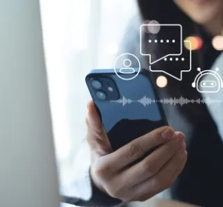 person holding phone with ai chatbot floating over it