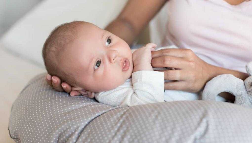 Mother with newborn baby in the nursing pillow