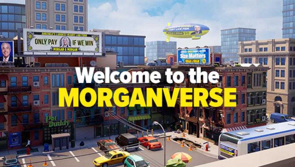 animated city street view with billboards and 'Welcome to the MORGANVERSE' text overlay