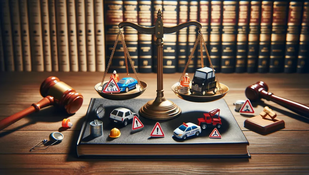 Legal balance scale tipped with personal injury symbols: toy cars, slip and fall signs, construction hats, against a backdrop of law books and a gavel, for a blog about unbelievable injury cases