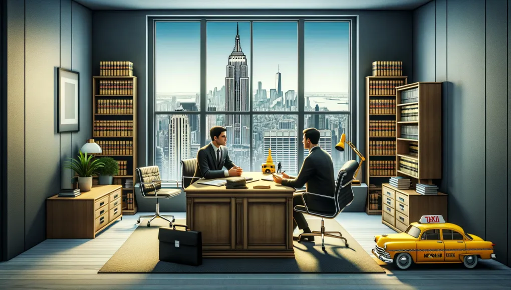 New York car accident law firm office with a clear view of the city skyline and Empire State Building from the window, featuring a lawyer consulting with a client and a yellow taxi model on the desk.