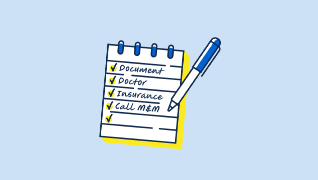  Illustration of a notepad with a pen and a checklist titled 'Next Steps: The Post Injury Checklist' including items like Document, Doctor, Insurance, and Call M&M.