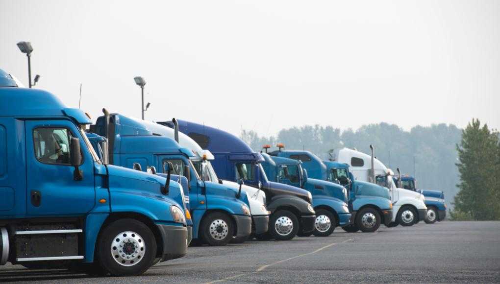 Semi trucks lined up at a rest stop