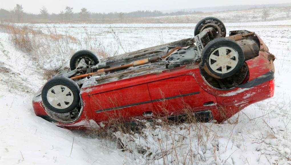 Car upside down in a snowy ditch