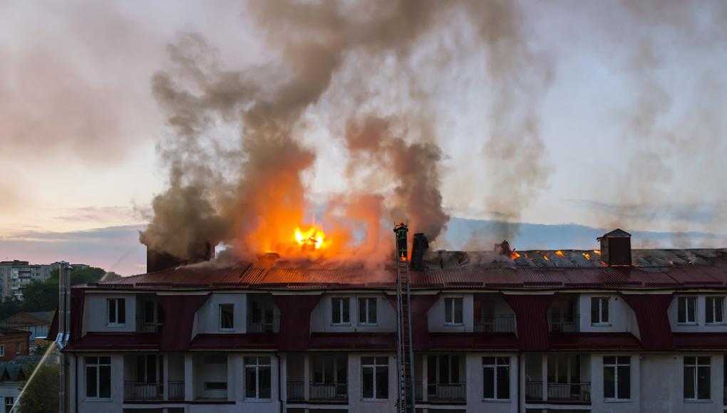 Roof of building on fire