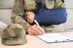veteran with arm in cast sitting on couch filling out a form on a clipboard with a pen in hand.