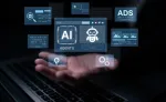 graphic of various AI chatbot and agent screens, ads, and texts with a person holding the floating screens in the palm of their hand