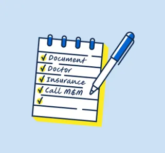 Illustration of a notepad with a pen and a checklist titled 'Next Steps: The Post Injury Checklist' including items like Document, Doctor, Insurance, and Call M&M.