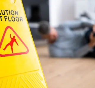 man on the floor with the caution wet floors sign