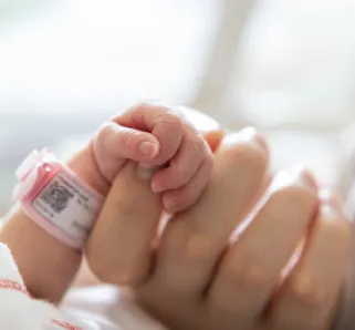 new born baby hand hold mum index finger. concept : Premature or preterm baby in hospital. relationship between mother and baby.