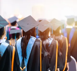 Rearview of university graduates wearing an academic gown on commencement day.