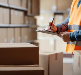 Warehouse operative checking a document on a clipboard and preparing a shipment