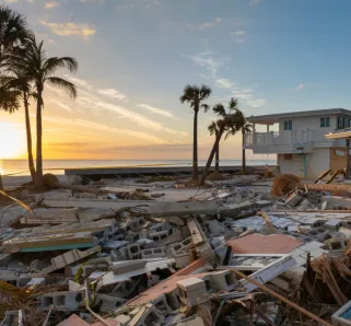 Destroyed houses on ocean coast. Hurricane Milton consequences in Englewood, Florida. Storm surge severe damage