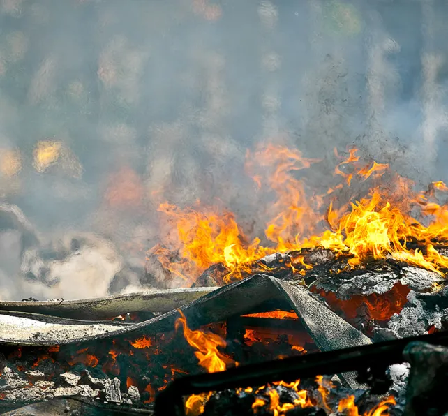 House rubble on fire