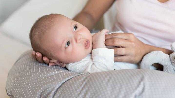 Mother with newborn baby in the nursing pillow