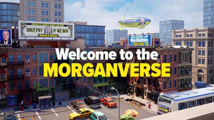 animated city street view with billboards and 'Welcome to the MORGANVERSE' text overlay