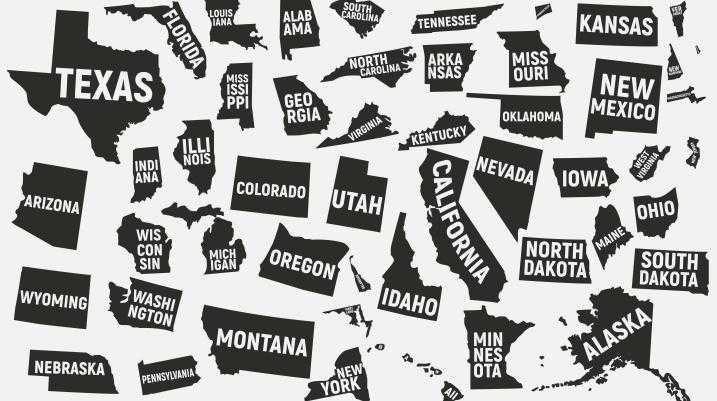 Black and white graphic map of the United States with state names labeled