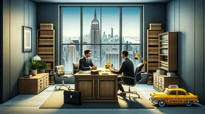 New York car accident law firm office with a clear view of the city skyline and Empire State Building from the window, featuring a lawyer consulting with a client and a yellow taxi model on the desk.