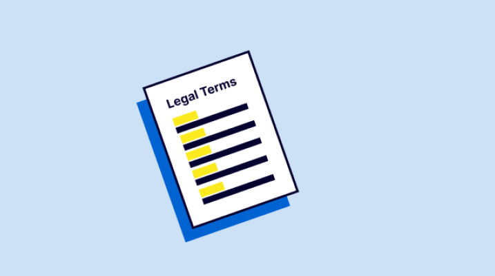 Icon of a legal glossary with yellow highlights on key terms, titled 'Legal Terms.