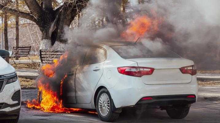 white car on fire in park