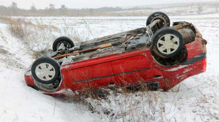 Car upside down in a snowy ditch