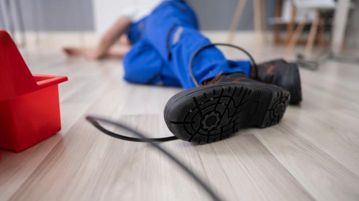 Man on the floor with his feet tangled in wire