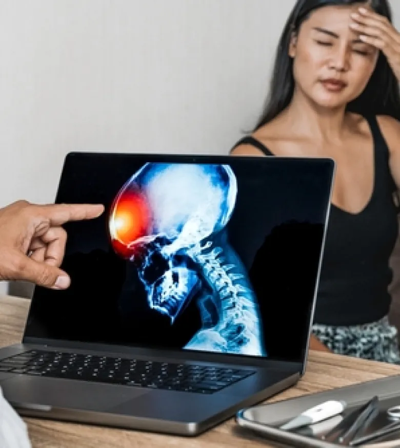 A doctor pointing to a brain injury scan on a laptop screen while a woman holds her head in pain, highlighting the need for a Brain Injury Attorney in Waltham.