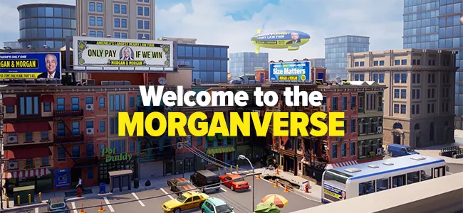 animated city street view with billboards and 'Welcome to the MORGANVERSE' text overlay
