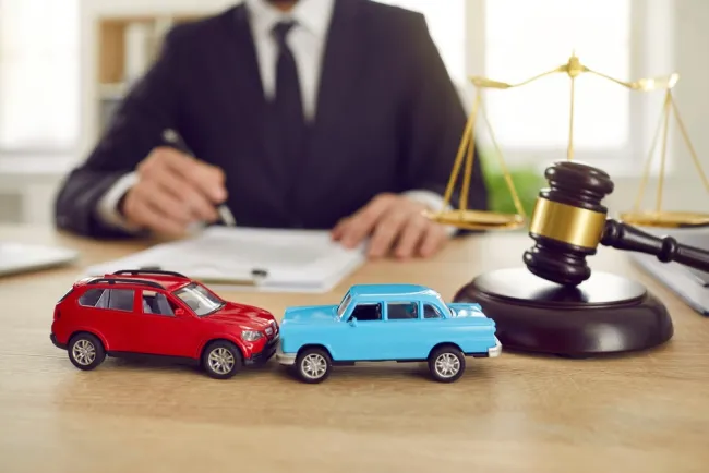 Car accident lawyer at a desk with toy cars, a gavel, and scales of justice in the foreground