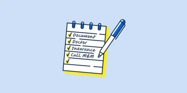  Illustration of a notepad with a pen and a checklist titled 'Next Steps: The Post Injury Checklist' including items like Document, Doctor, Insurance, and Call M&M.