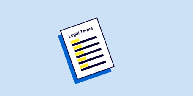 Icon of a legal glossary with yellow highlights on key terms, titled 'Legal Terms.