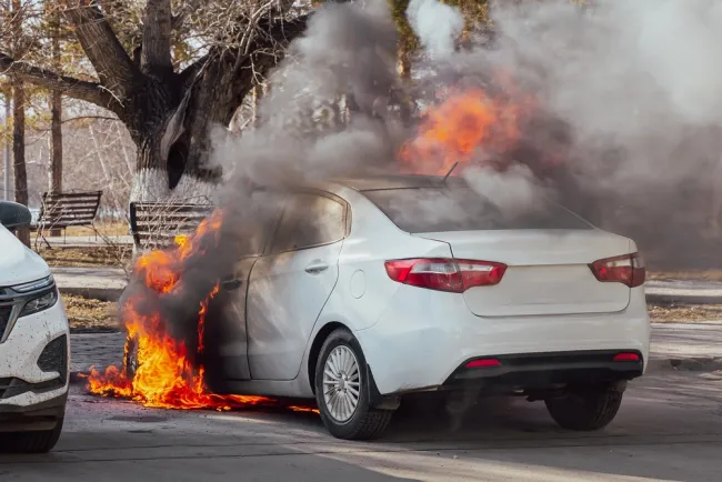 white car on fire in park