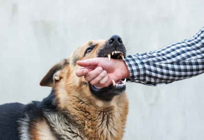 dog biting human's arm