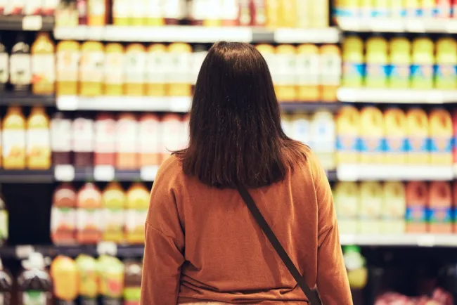 mom at the supermarket looking at the dairy section