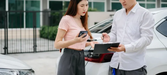 Two people discussing paperwork after a car crash