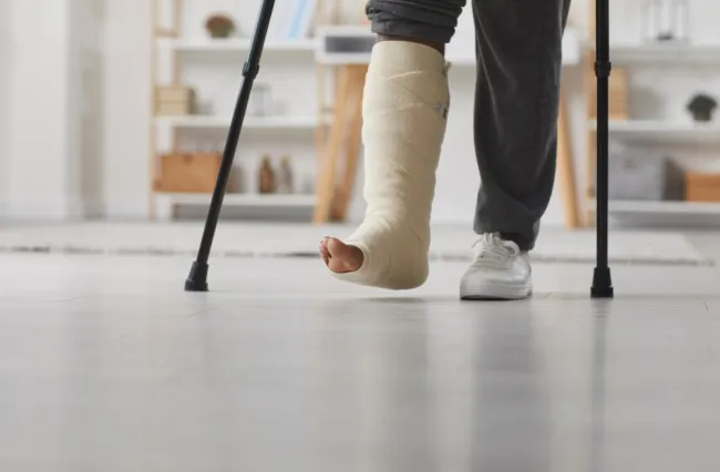 Girl in a leg cast walking with crutches