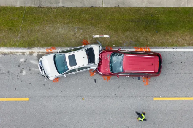 Arial view of a red car crashed into a grey car