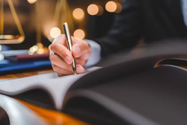 Businessman writing with a pen