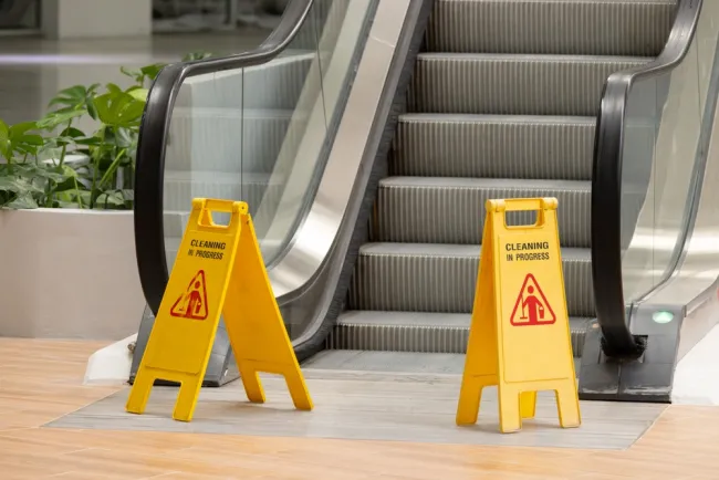 slip and fall sign at escalators