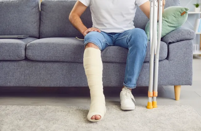 Man sitting on a couch with a leg cast holding crutches